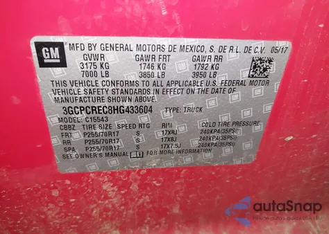 2017 Chevrolet Silverado 1500 1Lt from USA, damaged, VIN 3GCPCREC8HG433604